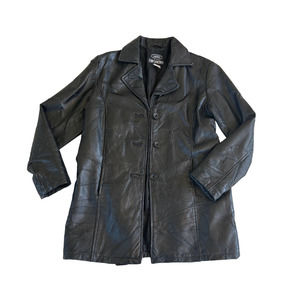 Vintage LeWorld Black‎ Leather Belted Trench Coat Patchwork Jacket Women's L